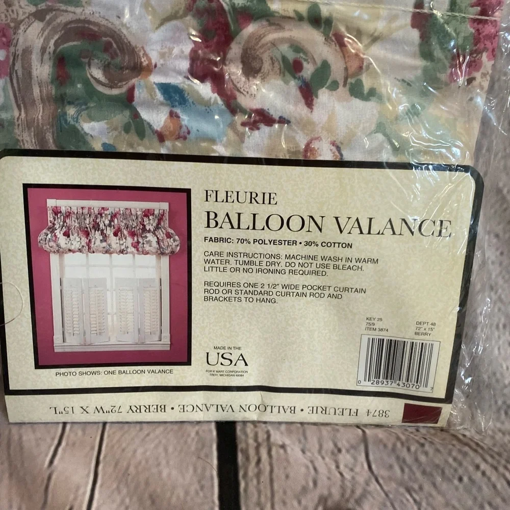 5/$20 Vintage Fleurie Berry Balloon Valance 72x15 Large New‎ in Package 80s 90s